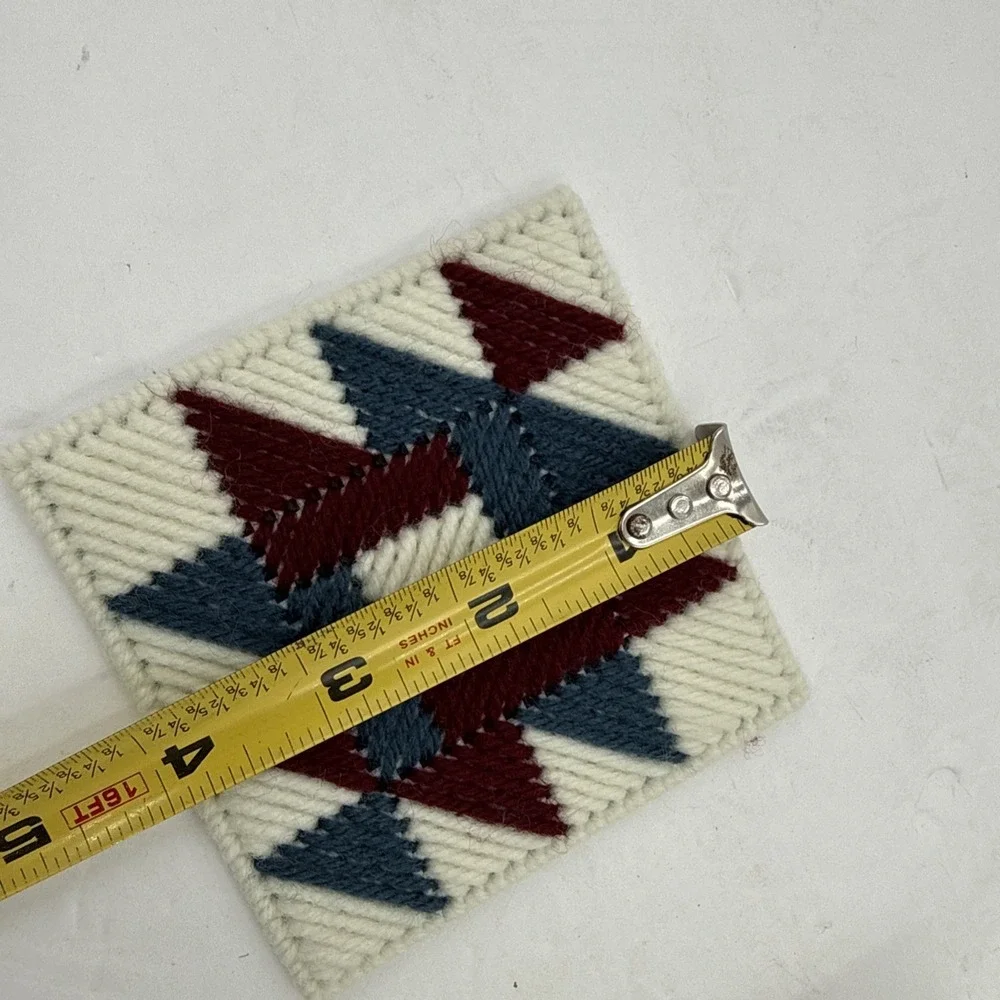 Vintage Handmade Set of 6 Needlepoint Yarn‎ Quilt Block Coasters with Holder 4x4